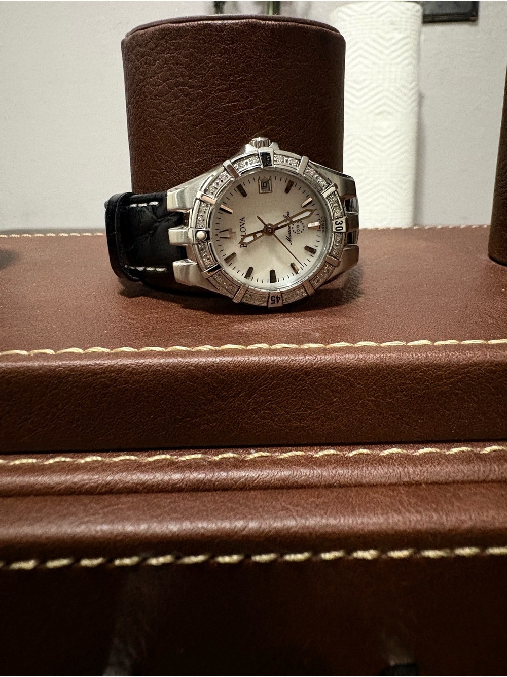 Bulova Silver Case Watch with Black Strap and Cream Dial